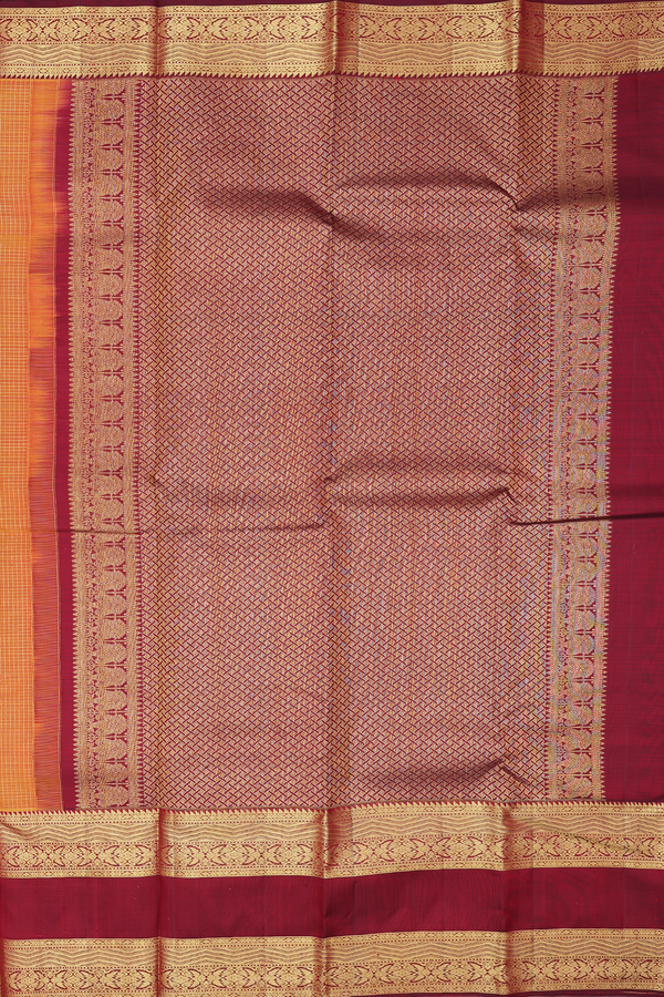 Kanchipuram Silk Saree In Orange With Checks Design