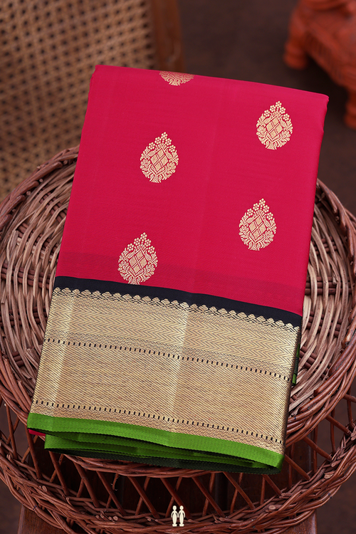 Kanchipuram Silk Saree In Rose Red With Zari Buttas