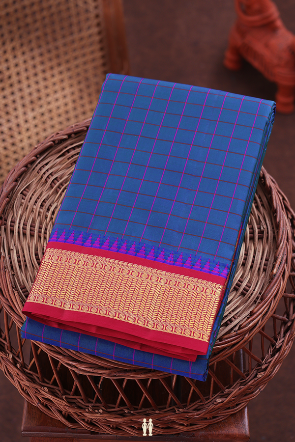 Kanchipuram Silk Saree In Capri Blue With Checks Design