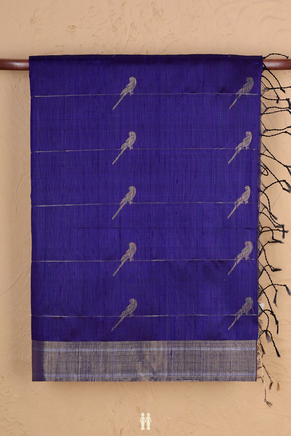 Raw Silk Saree In Royal Blue Along Stripes With Buttas