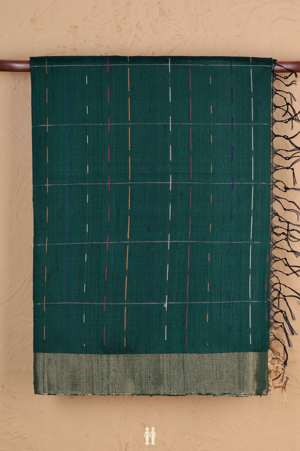 Raw Silk Saree In Forest Green With Stripes Design