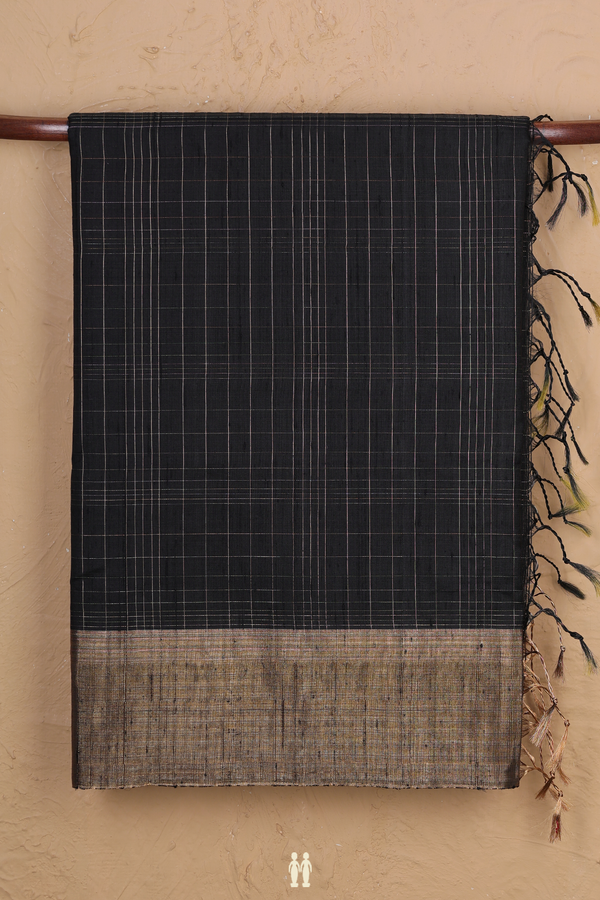 Raw Silk Saree In Black With Checks Design