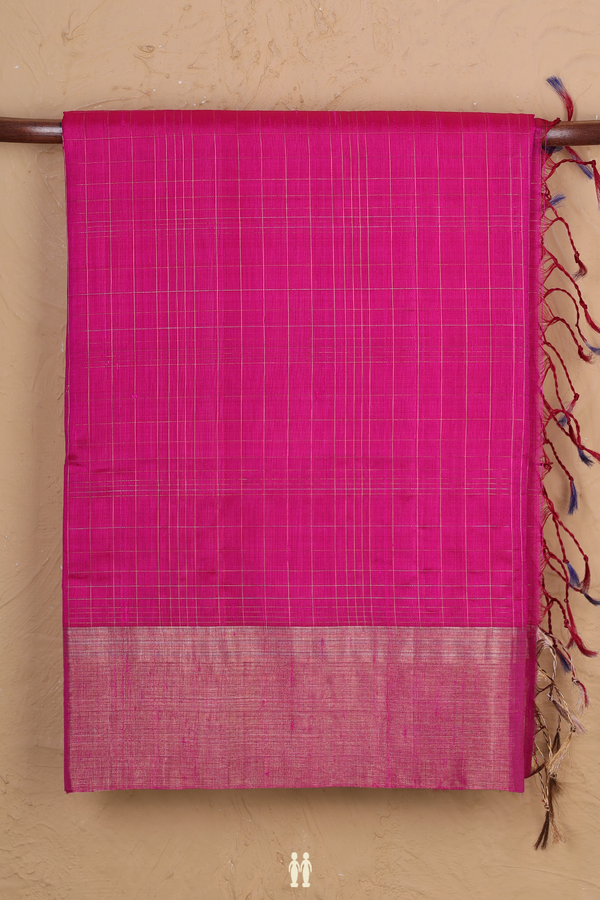 Raw Silk Saree In Rani Pink With Checks Design