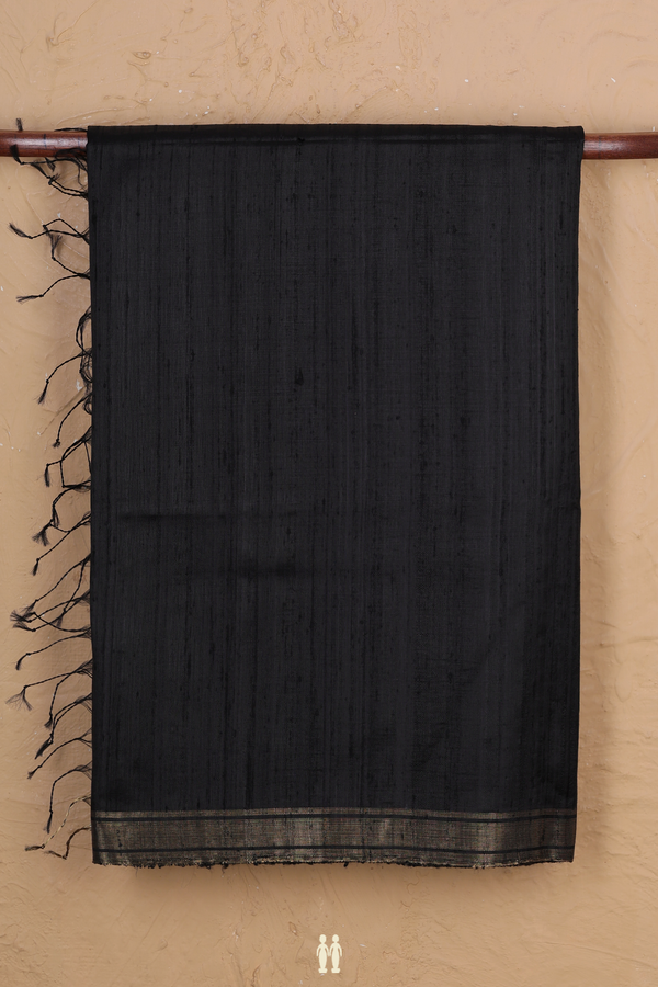 Raw Silk Saree In Plain Black With Zari Border