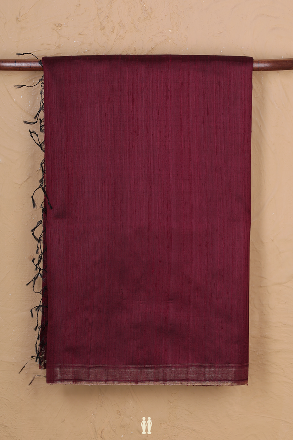 Raw Silk Saree In Plain Dark Maroon With Zari Border