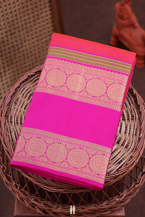 Kanchipuram Silk Saree In Coral Pink With Peacock Buttas