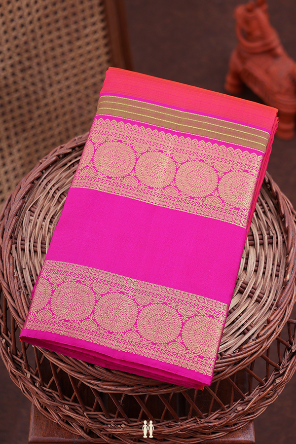 Kanchipuram Silk Saree In Coral Pink With Peacock Buttas