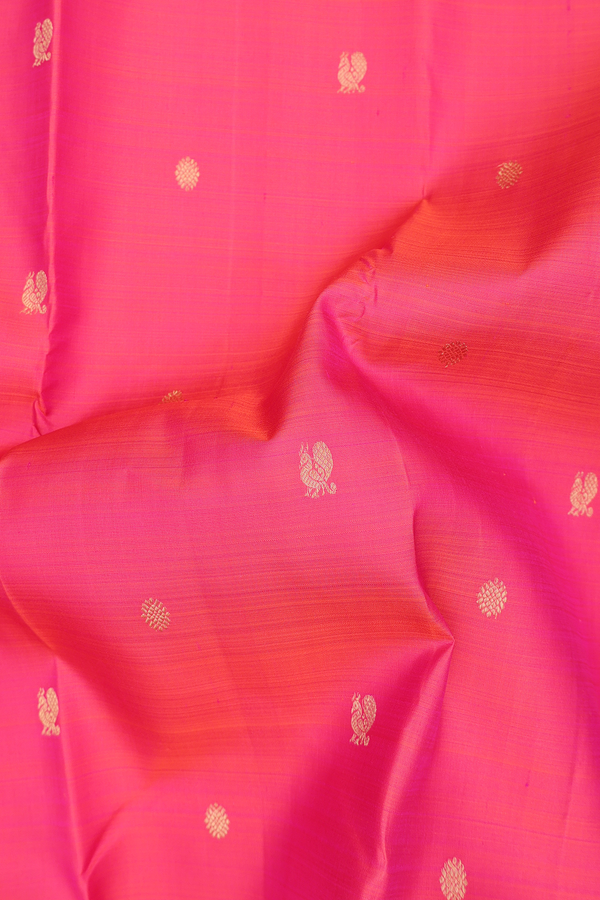 Kanchipuram Silk Saree In Coral Pink With Peacock Buttas