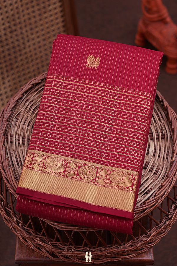 Kanchipuram Silk Saree In Red With Stripes Design