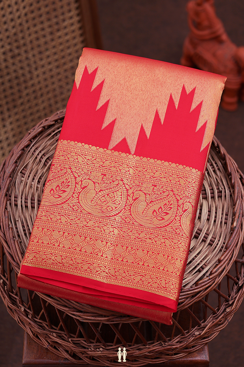 Kanchipuram Silk Saree In Red Tissue With Zari Border