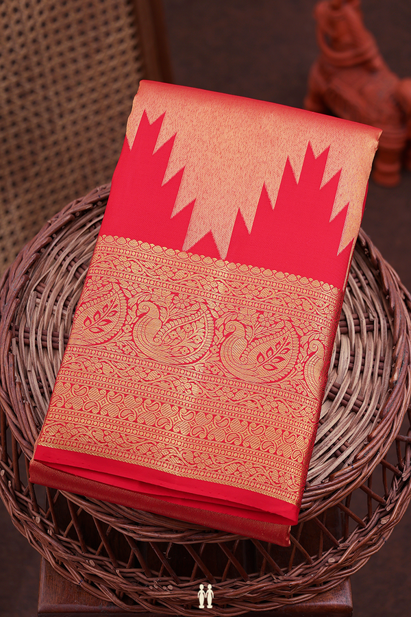 Kanchipuram Silk Saree In Red Tissue With Zari Border