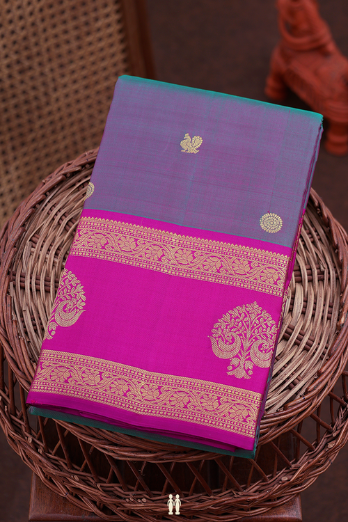Kanchipuram Silk Saree In Dual Tone With Peacock Buttas