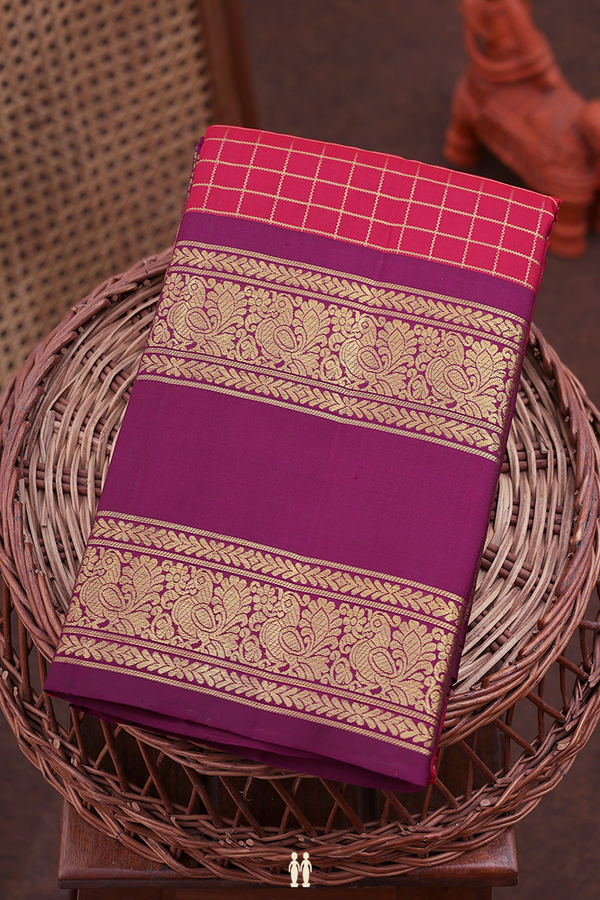 Kanchipuram Silk Saree In Crimson Red With Checks Design