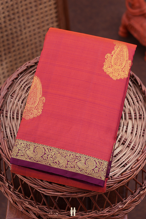 Kanchipuram Silk Saree In Rust Orange With Paisley Motifs