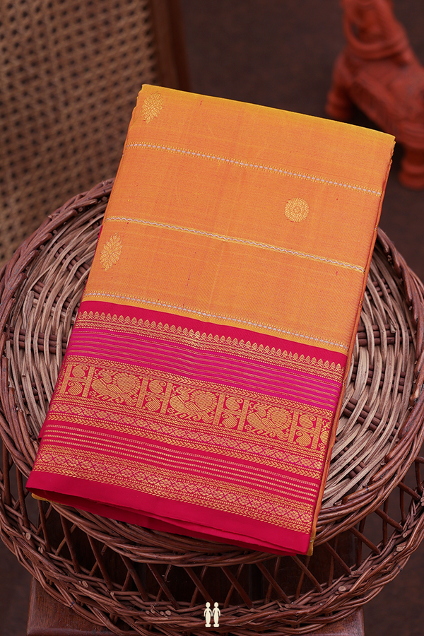 Kanchipuram Silk Saree In Yellow With Stripes Design