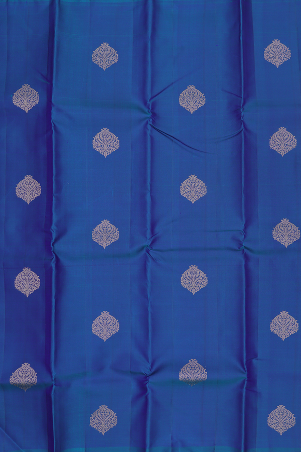 Kanchipuram Silk Saree In Prussian Blue With Zari Buttas