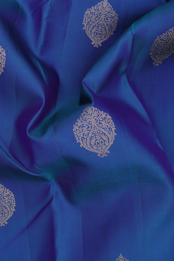 Kanchipuram Silk Saree In Prussian Blue With Zari Buttas