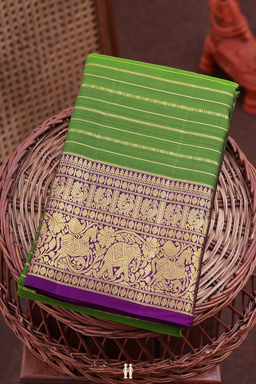 Kanchipuram Silk Saree In Green With Stripes Design