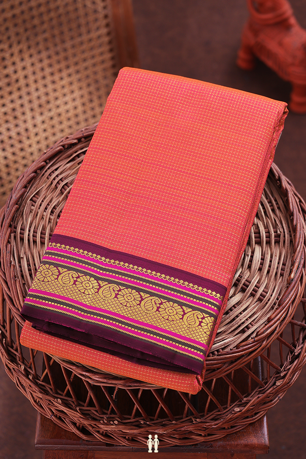 Kanchipuram Silk Saree In Coral Pink With Checks Design