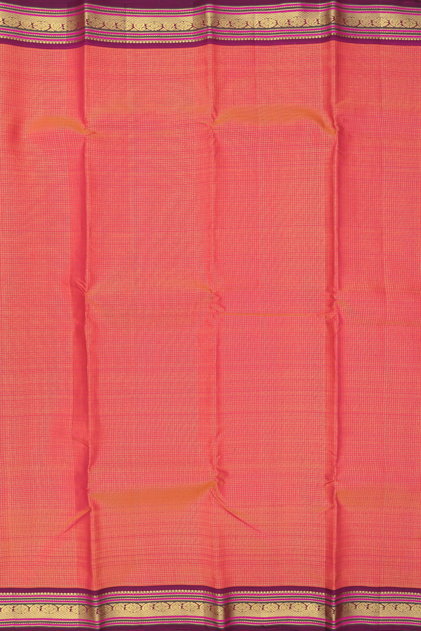 Kanchipuram Silk Saree In Coral Pink With Checks Design
