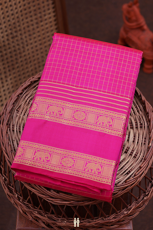 Kanchipuram Silk Saree In Pink With Checks Design