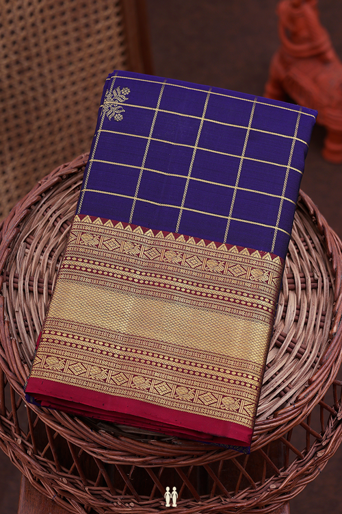 Kanchipuram Silk Saree In Navy Blue With Checks Design