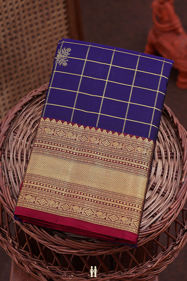 Kanchipuram Silk Saree In Navy Blue With Checks Design