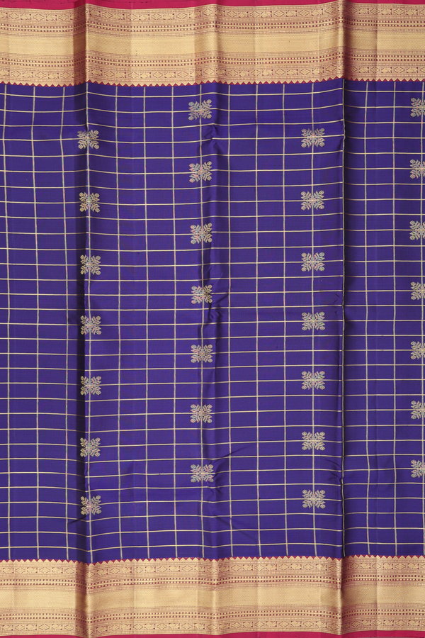 Kanchipuram Silk Saree In Navy Blue With Checks Design