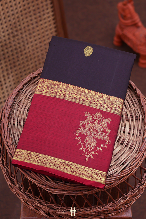 Kanchipuram Silk Saree In Dark Oak Brown With Peacock Buttas