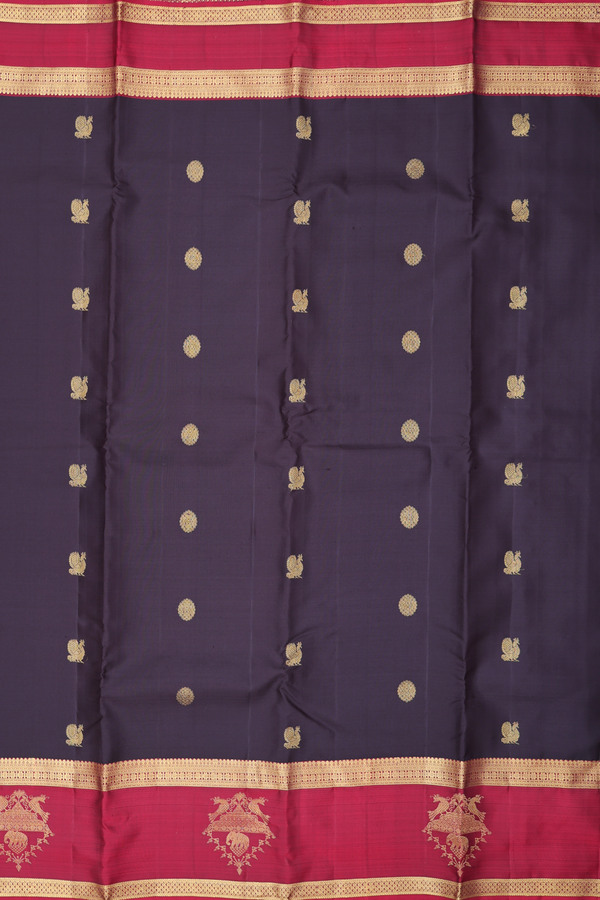 Kanchipuram Silk Saree In Dark Oak Brown With Peacock Buttas
