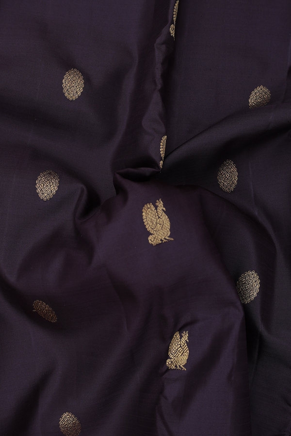 Kanchipuram Silk Saree In Dark Oak Brown With Peacock Buttas