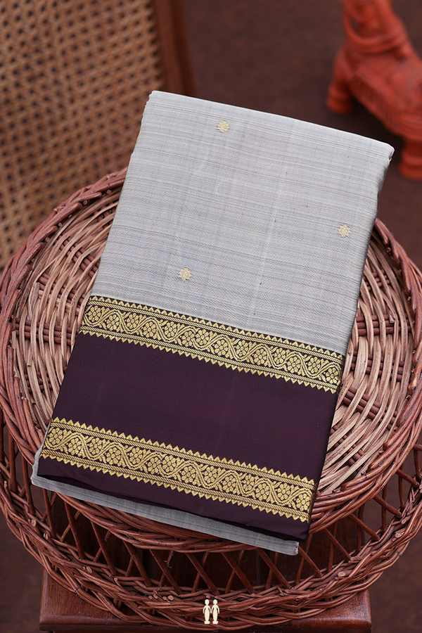 Kanchipuram Silk Saree In Grey With Floral Buttis