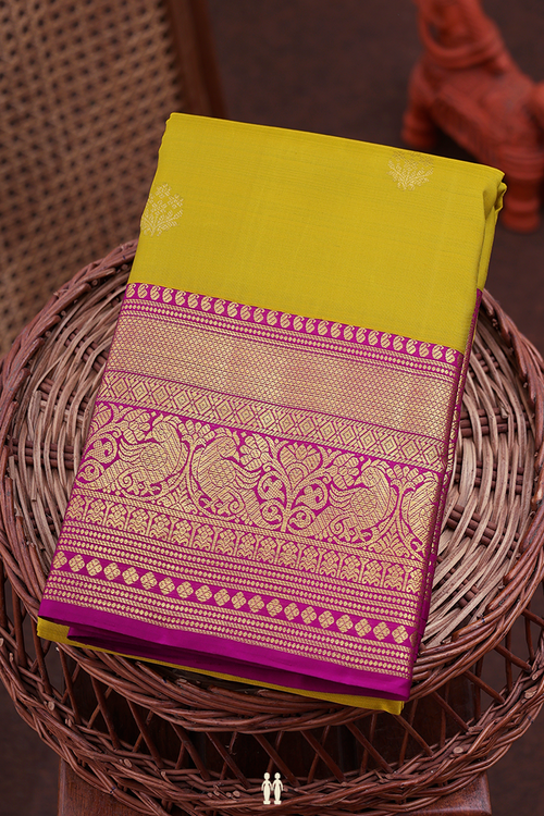 Kanchipuram Silk Saree In Sunflower Yellow With Floral Buttas