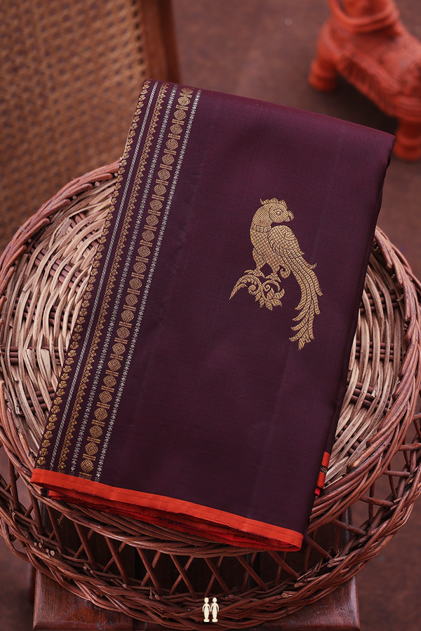 Kanchipuram Silk Saree In Brown Along Stripes With Motifs