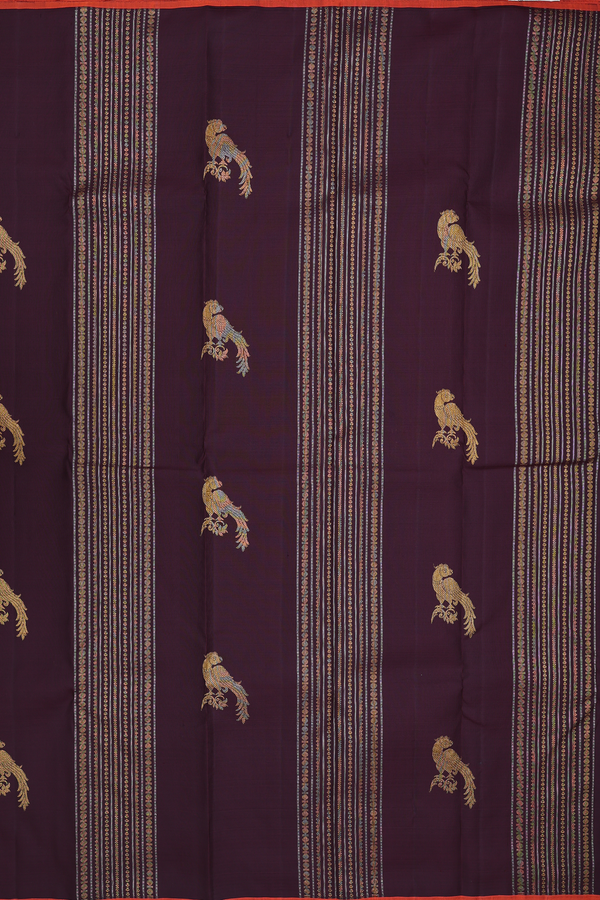 Kanchipuram Silk Saree In Brown Along Stripes With Motifs