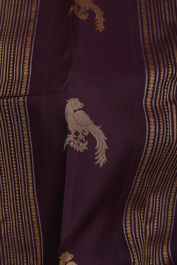 Kanchipuram Silk Saree In Brown Along Stripes With Motifs