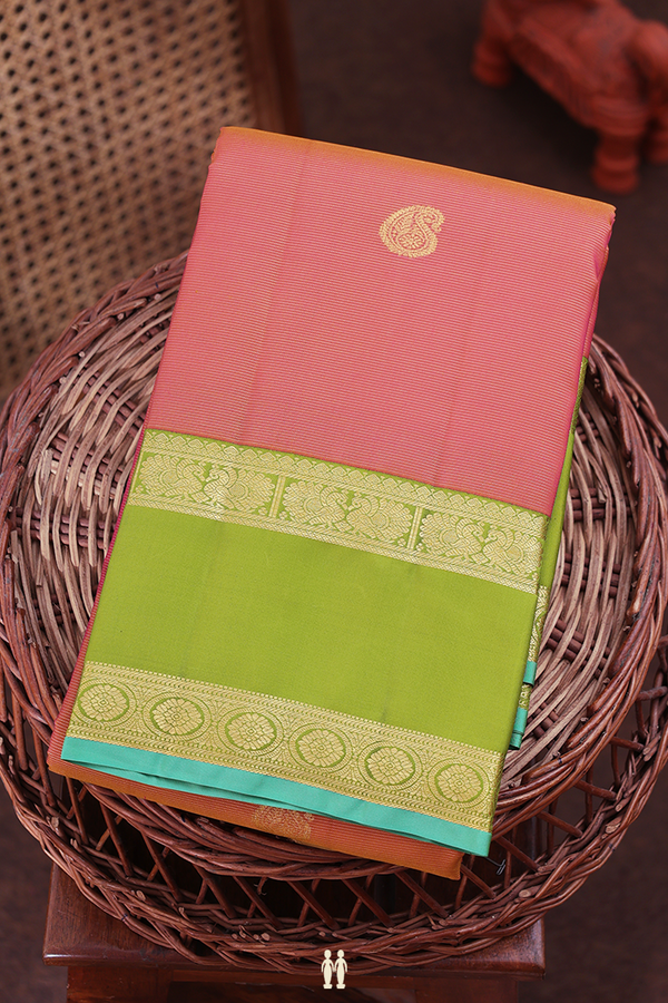 Kanchipuram Silk Saree In Coral Pink With Stripes Design