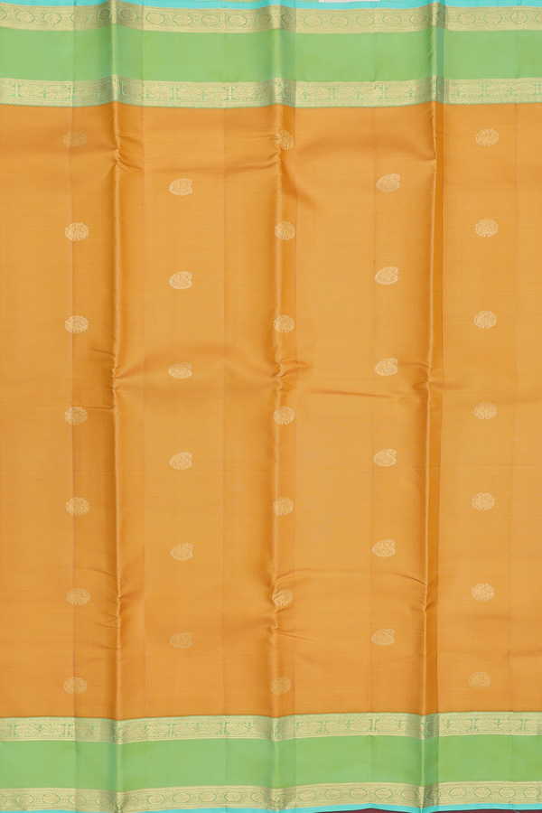 Kanchipuram Silk Saree In Yellow Along Stripes With Buttas