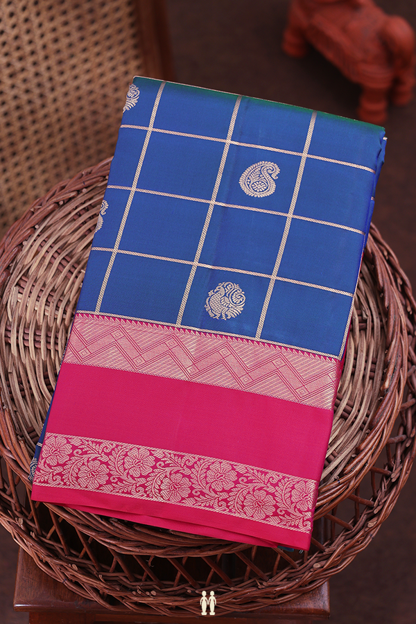 Kanchipuram Silk Saree In Prussian Blue With Checks Design