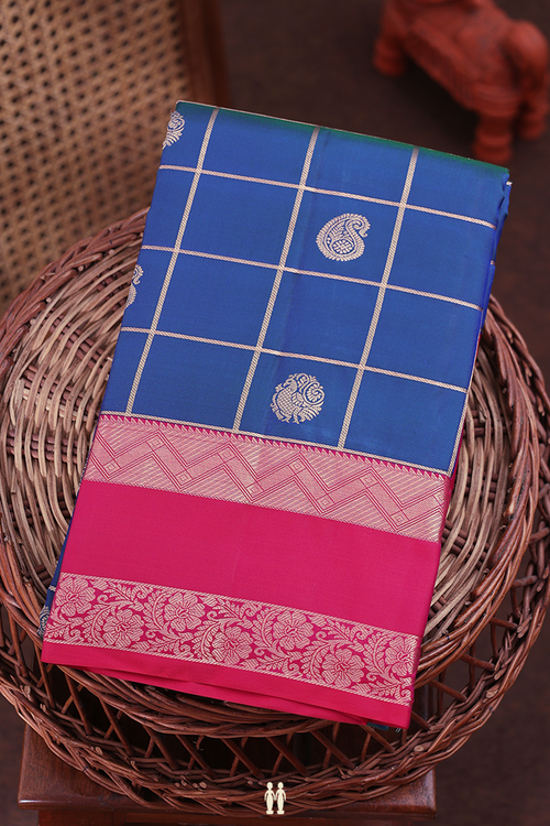 Kanchipuram Silk Saree In Prussian Blue With Checks Design