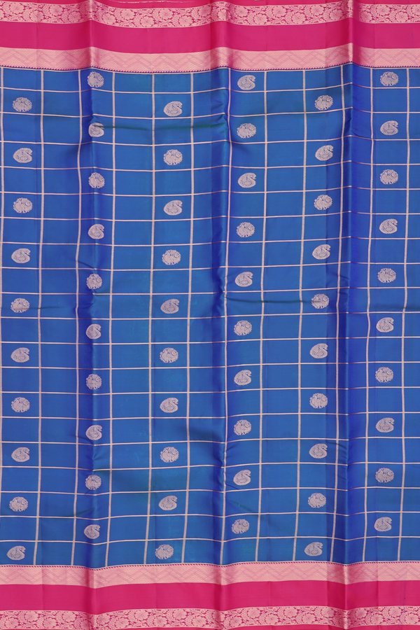 Kanchipuram Silk Saree In Prussian Blue With Checks Design