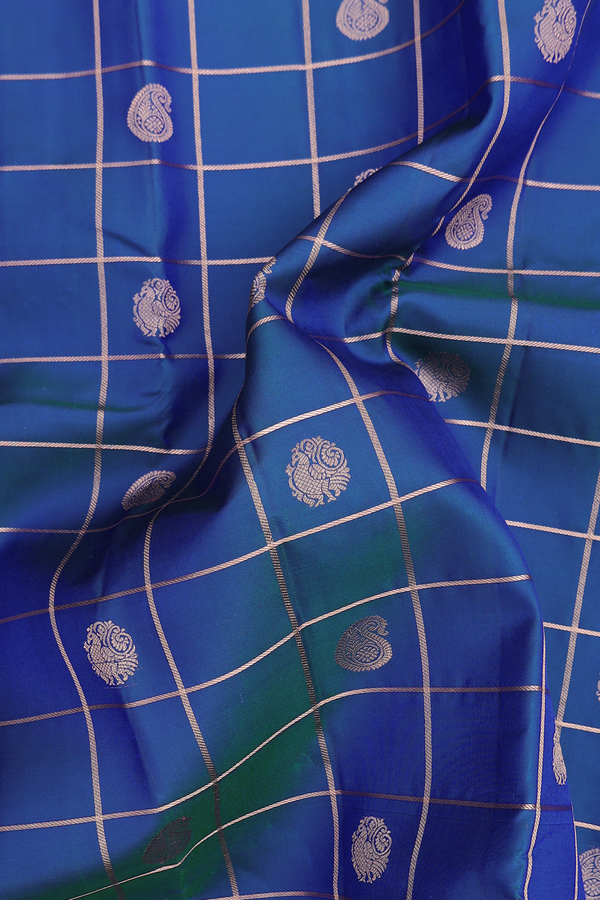 Kanchipuram Silk Saree In Prussian Blue With Checks Design