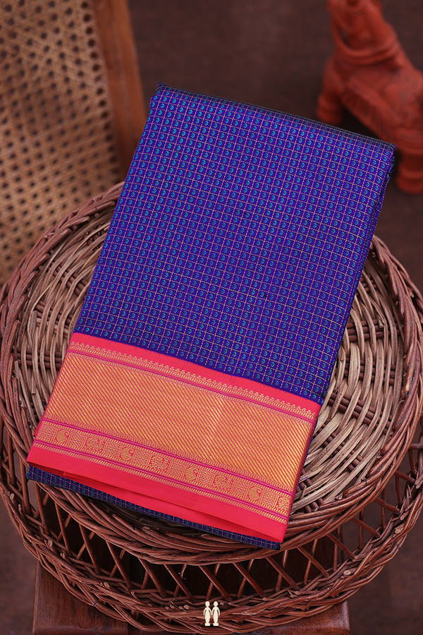Kanchipuram Silk Saree In Royal Blue Along Checks With Buttis