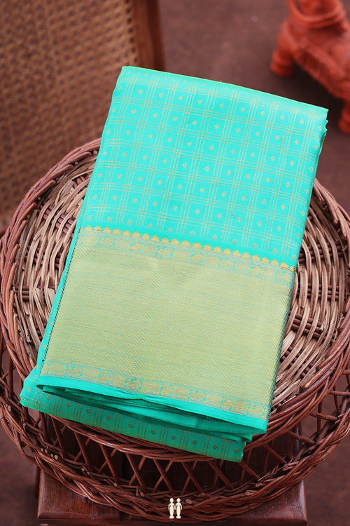 Kanchipuram Silk Saree In Aqua Green With Checks Design
