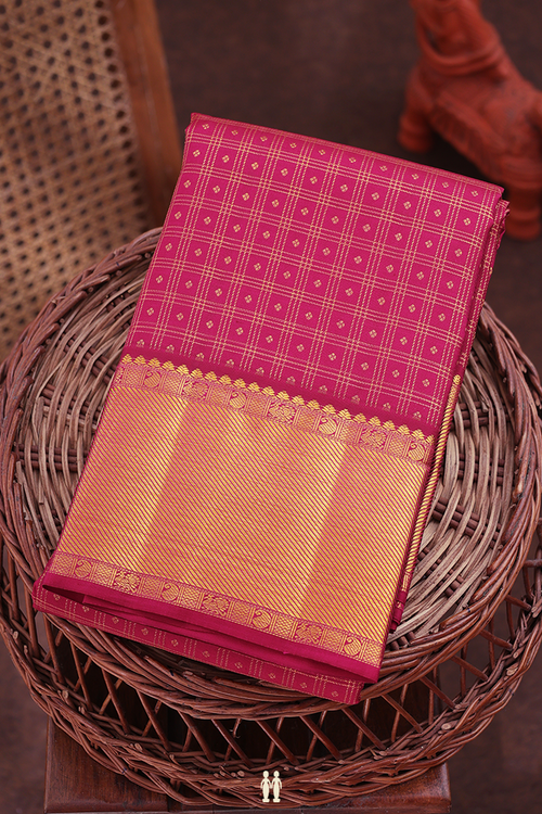 Kanchipuram Silk Saree In Hibiscus Red With Checks Design