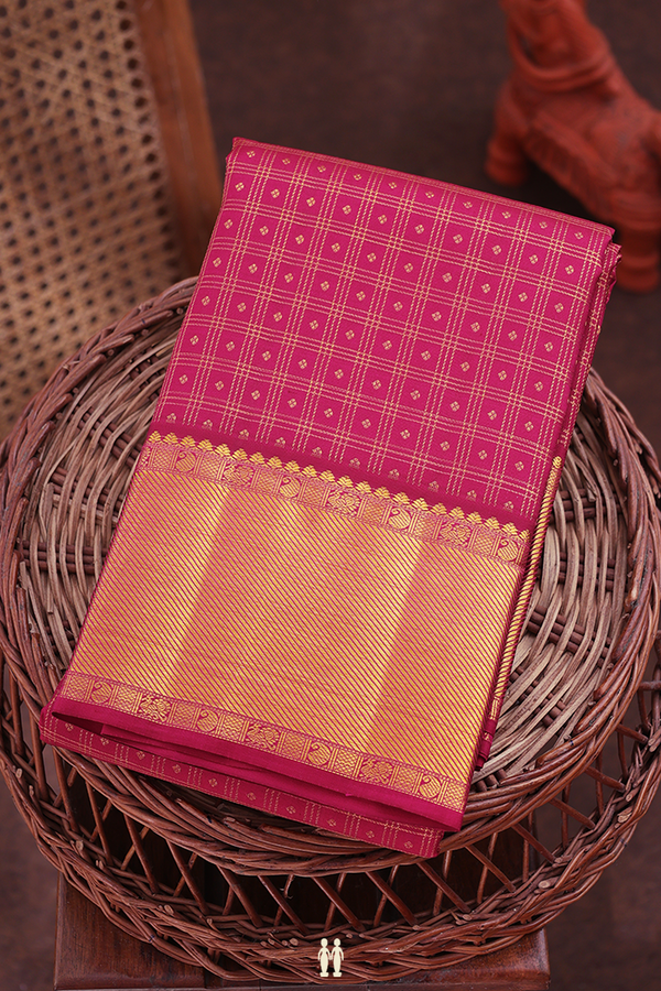 Kanchipuram Silk Saree In Hibiscus Red With Checks Design