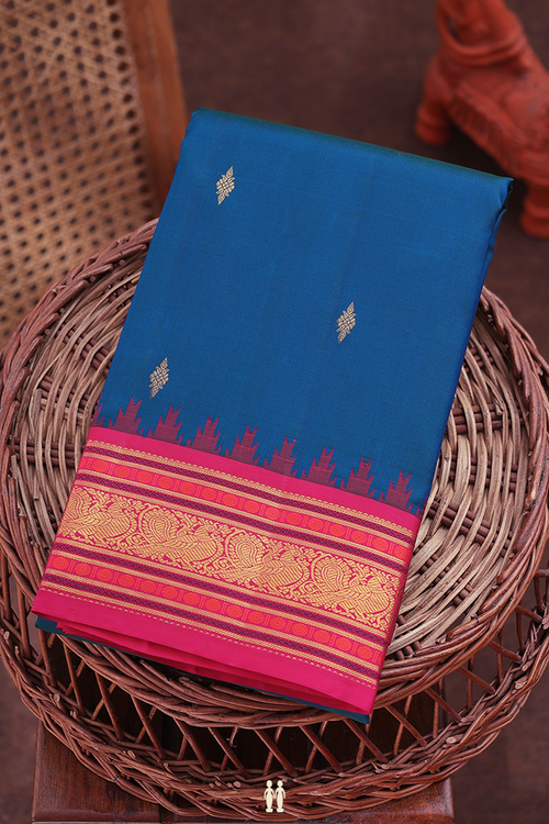 Kanchipuram Silk Saree In Prussian Blue With Zari Buttas