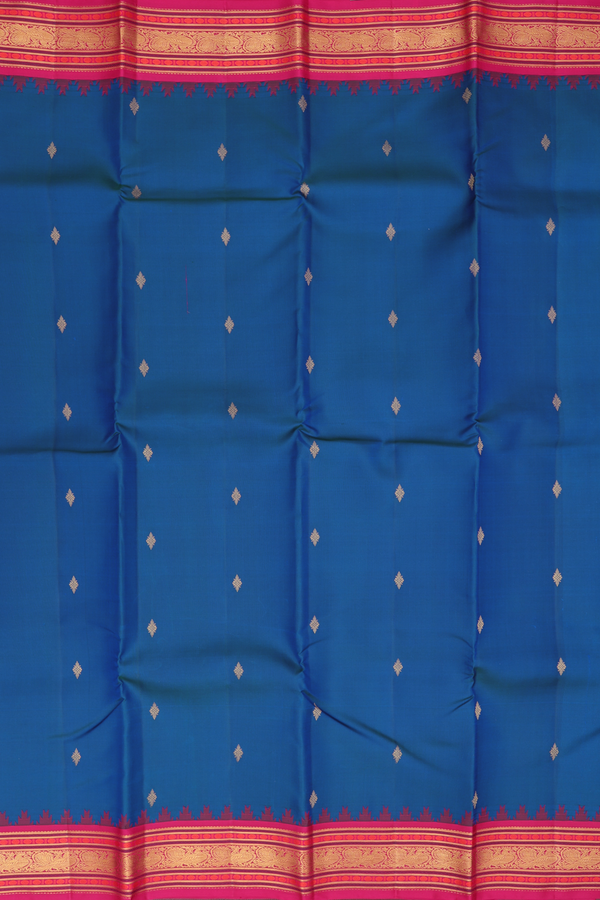 Kanchipuram Silk Saree In Prussian Blue With Zari Buttas