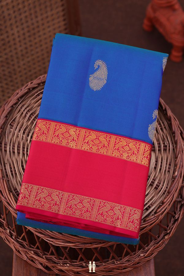 Kanchipuram Silk Saree In Cobalt Blue With Paisley Buttas