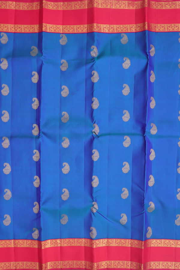 Kanchipuram Silk Saree In Cobalt Blue With Paisley Buttas